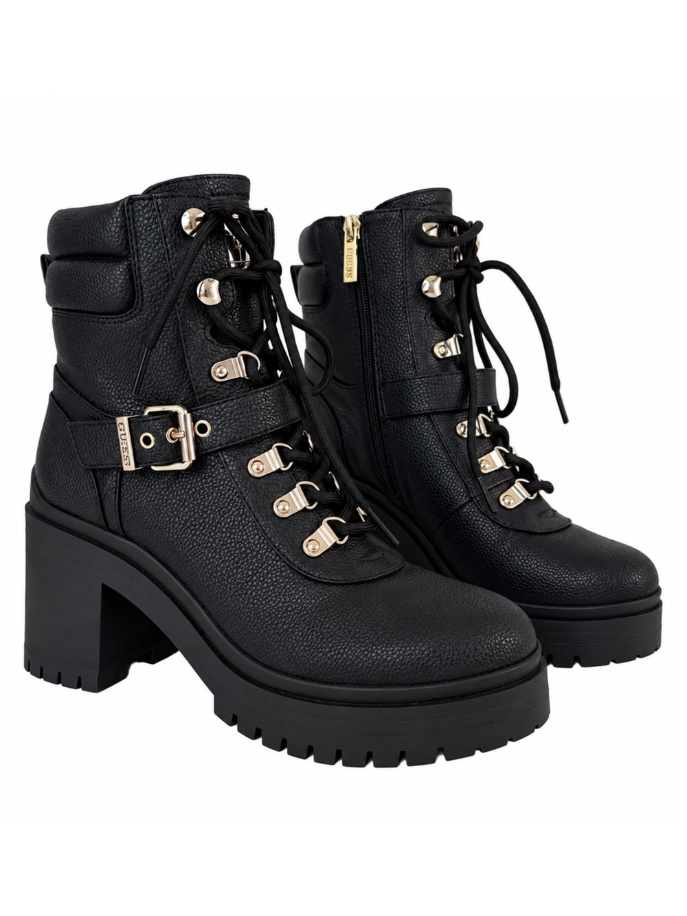 GUESS Canaly GWCANALY Women’s 7M Black Strappy Combat Boots Chunky Heel Lug Sole